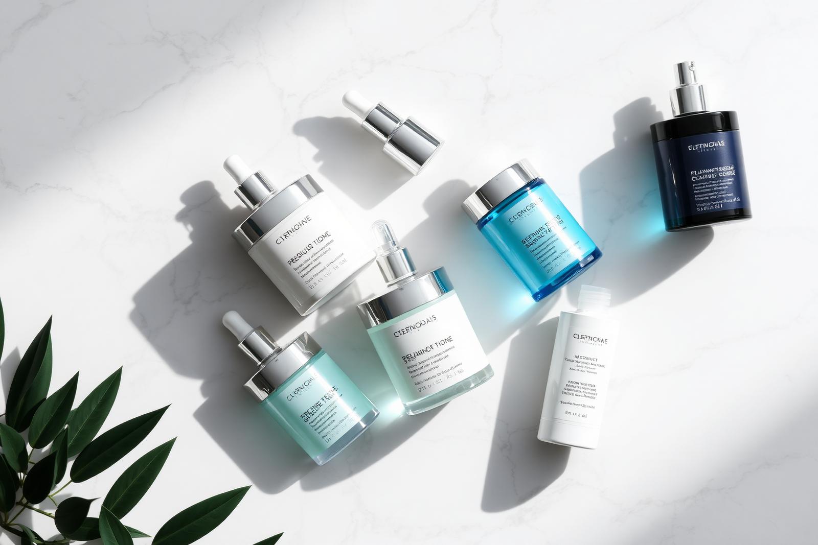 Skincare product flat lay on marble