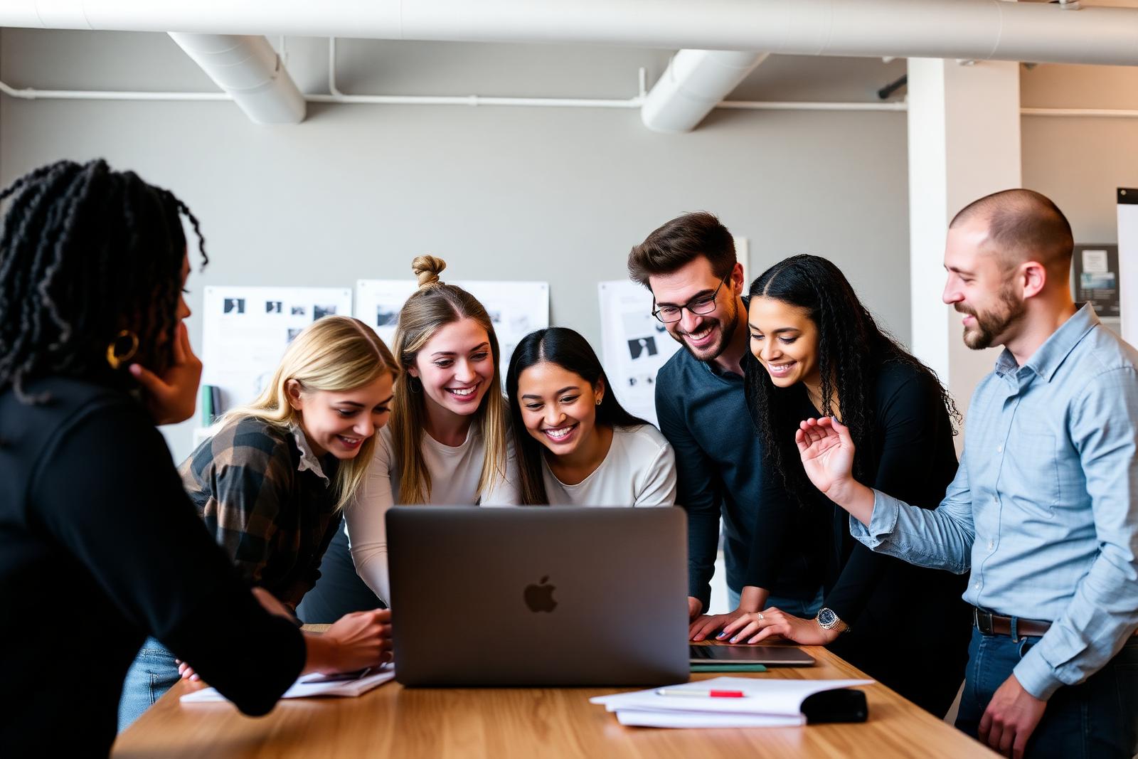 Creative team gathered around a laptop