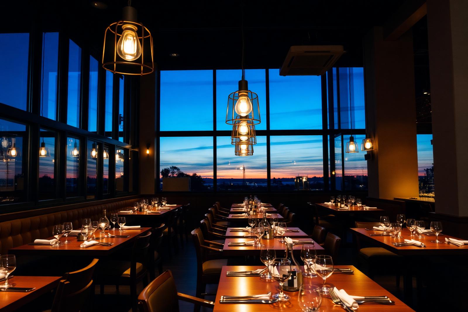 Upscale restaurant interior at dusk